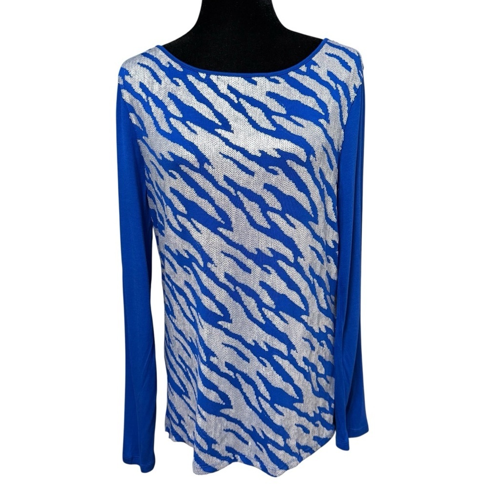 Jones New York Signature Blue Sequin Animal Print Long Sleeve Top Large